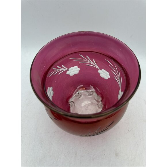 Floral Etched Cranberry Glass Lidded Candy Pedestal Made In Italy Vintage 9 In - Picture 6 of 12